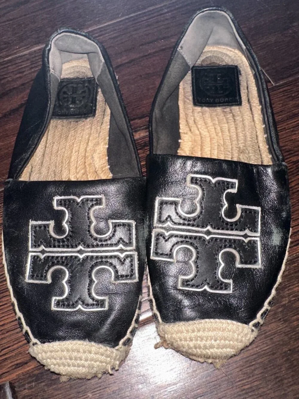 Tory Burch Black Leather Espadrille Flats
